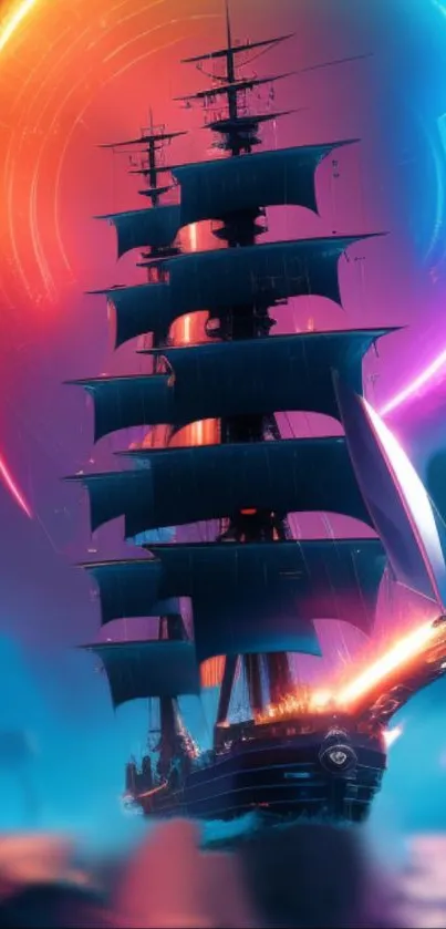 Futuristic ship sails under a neon-lit sky.