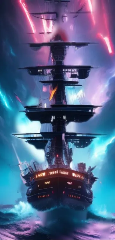 Futuristic ship sailing through a vibrant lightning storm on dark ocean waters.