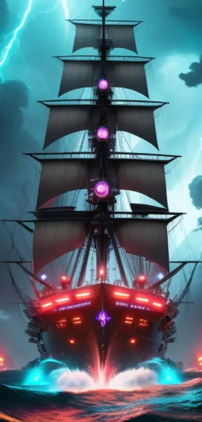 Futuristic ship sailing through a storm with lightning and intense waves.