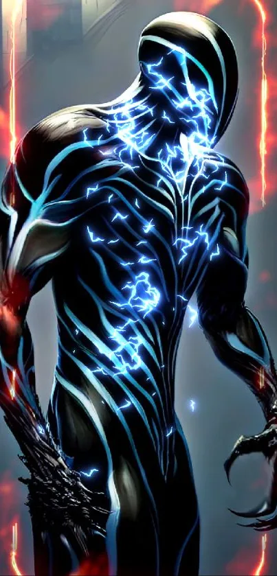 Futuristic figure with blue lines on dark background.