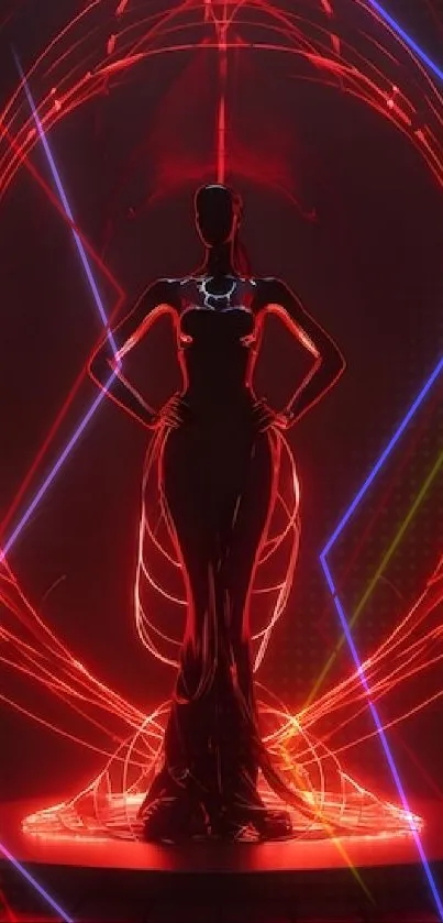 Abstract neon silhouette against glowing patterns.