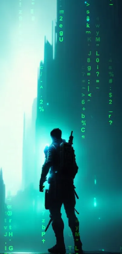 Futuristic silhouette against a glowing misty backdrop.