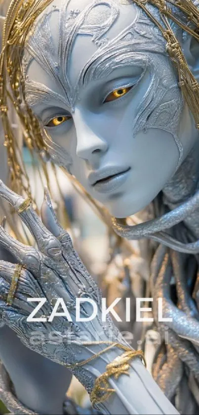 Futuristic alien with silver skin and golden eyes intricately designed.