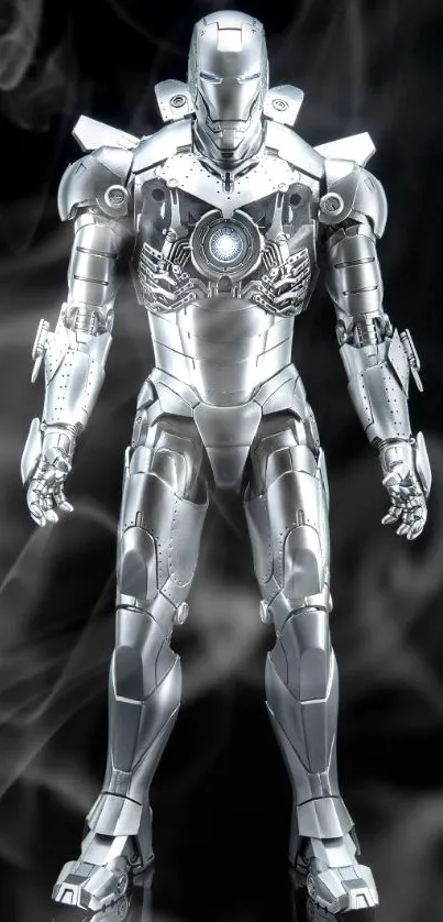 Futuristic robotic silver armor on black background.