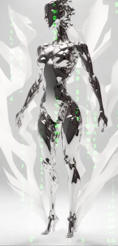 Futuristic silver humanoid avatar with digital accents on a wallpaper.