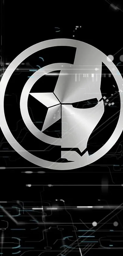 Futuristic silver emblem on black for mobile wallpaper.