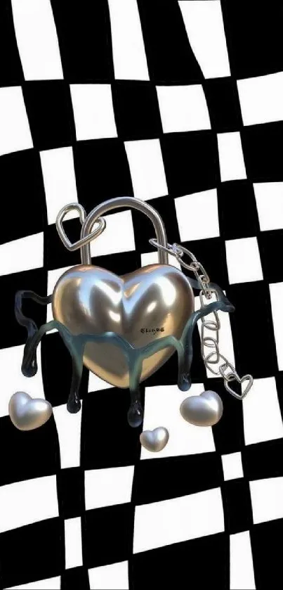 Silver heart lock with black and white geometric pattern background.