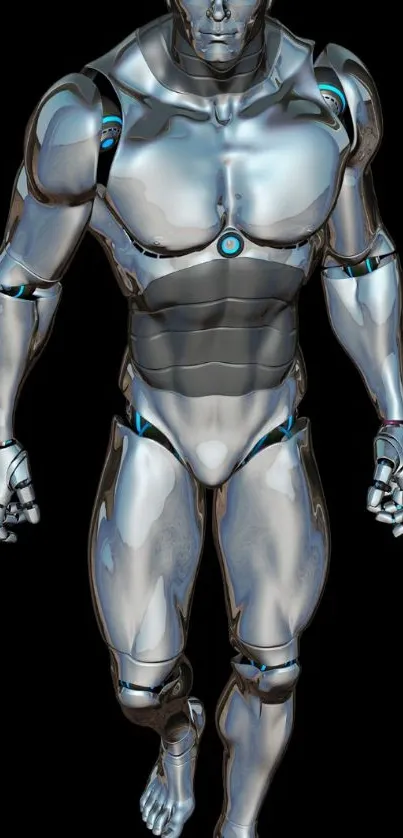 Futuristic silver robot on a black background mobile wallpaper.