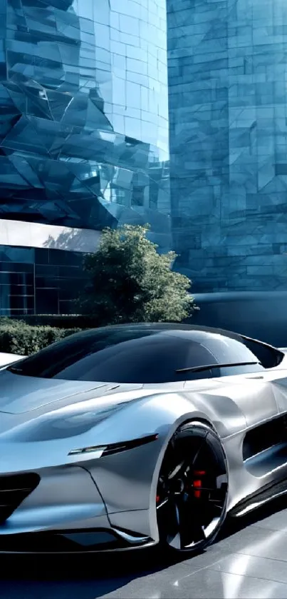 Futuristic silver sports car in urban setting.