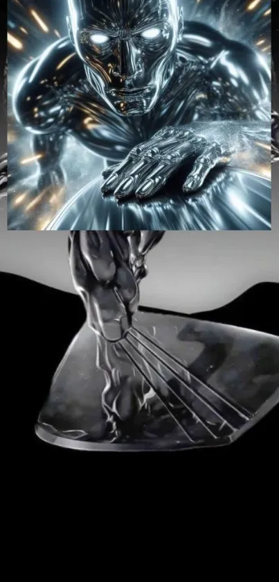 Futuristic silver surfer on cosmic background.