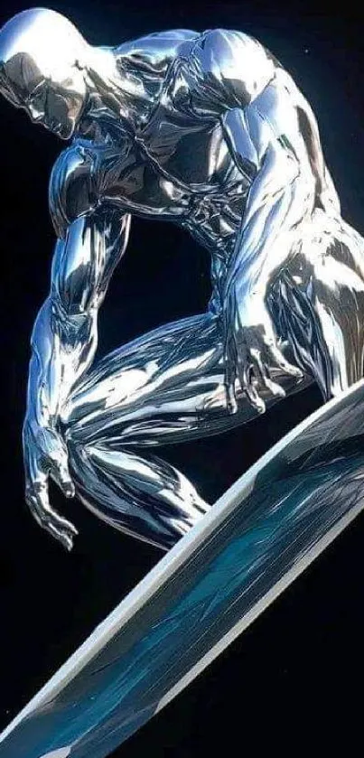 Futuristic silver surfer on a board under cosmic backdrop.