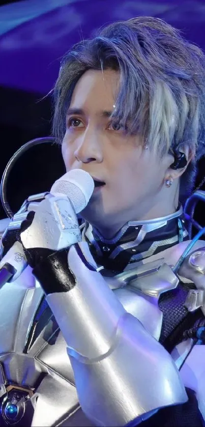 Futuristic artist in silver armor singing.