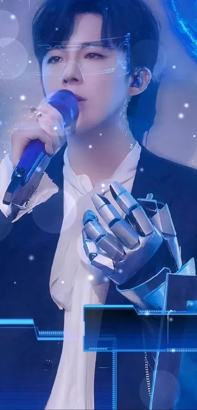 Futuristic singer with a robotic arm and neon accents in blue.