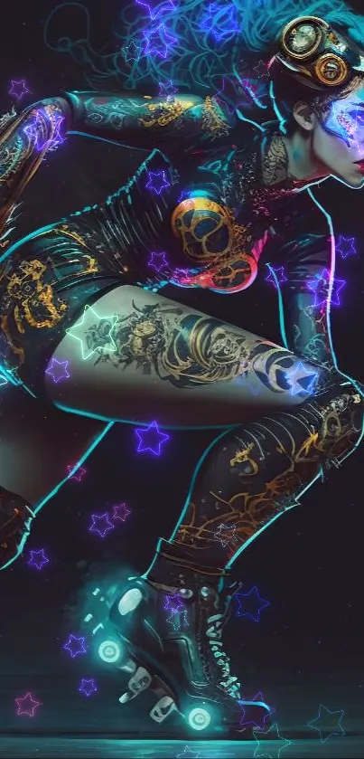 Futuristic artwork of a skater with neon design and rollerblades.