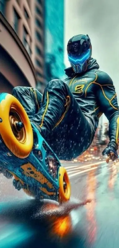 Futuristic skater zooms through neon-lit city streets.