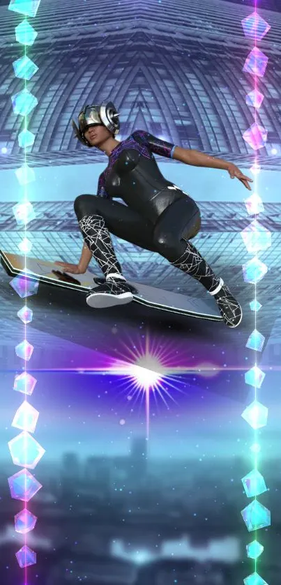 Futuristic skater gliding with neon lights on a sci-fi city backdrop.