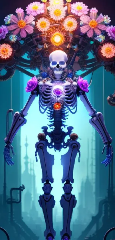 Futuristic skeleton with flowers on neon blue background.