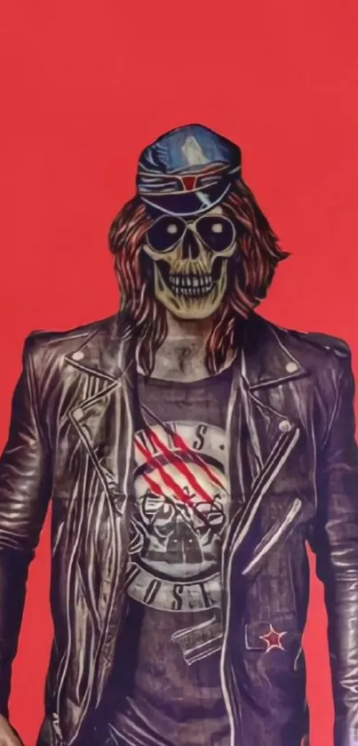 Skeleton figure in leather jacket with bold red background wallpaper.