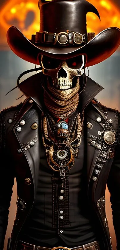 Futuristic skeleton cowboy in gothic attire.