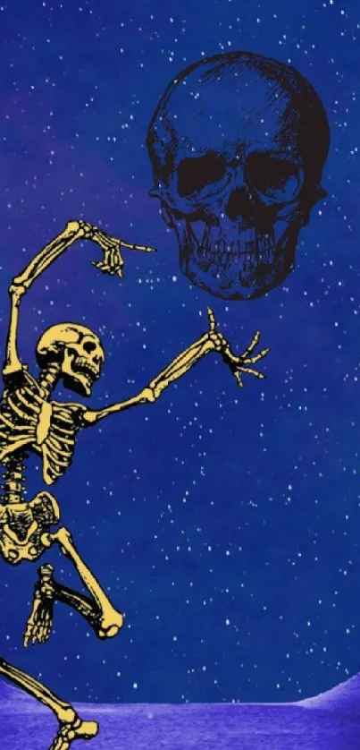 Skeleton dancing in a futuristic purple cosmic scene wallpaper.