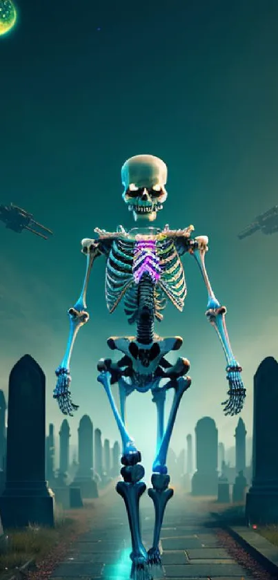 Futuristic skeleton in a neon-lit graveyard with a moonlit sky.