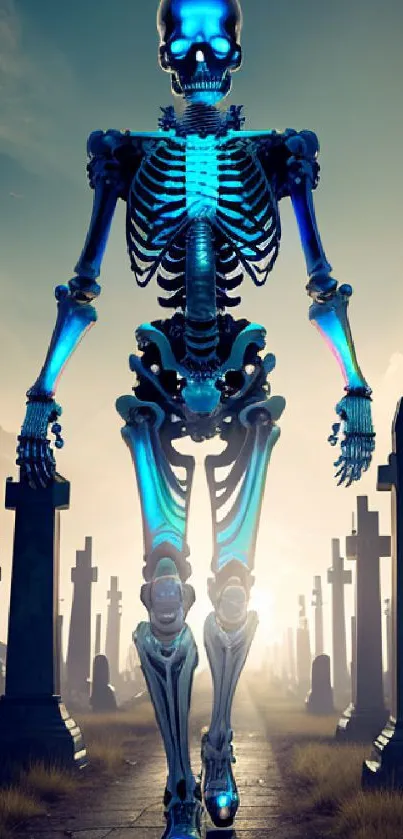 Glowing blue skeleton walking through a cemetery at dusk.