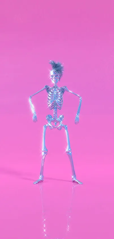 Metallic skeleton on vibrant pink background wallpaper.