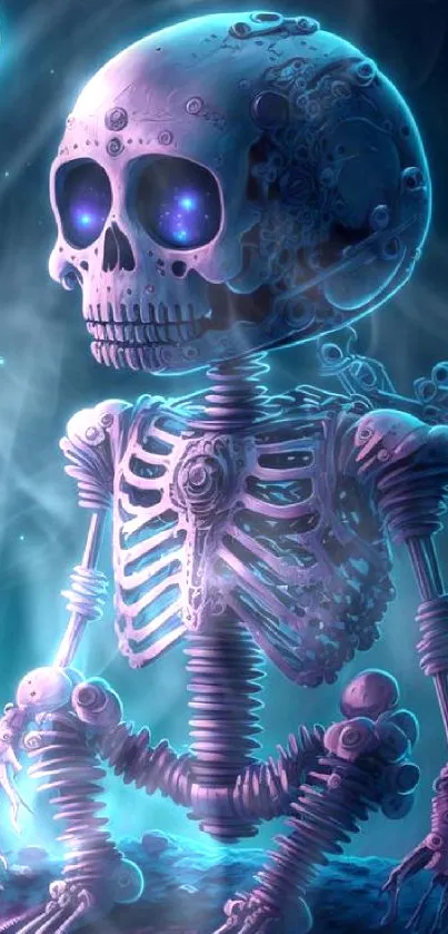 Futuristic skeleton in night landscape, with purple and blue hues.