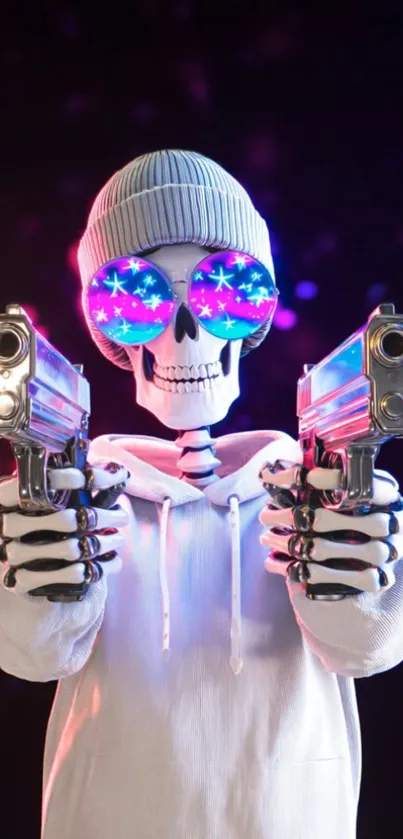 Vibrant skeleton with sunglasses and guns, digital art wallpaper.