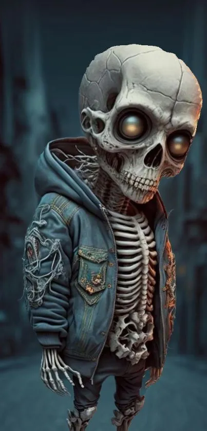 Futuristic skeleton in hoodie with glowing eyes, set in a dark, artistic background.