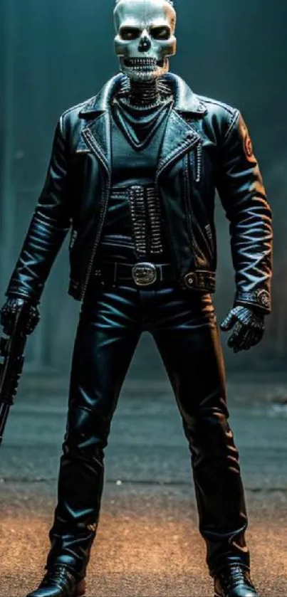 Futuristic skull rider in urban setting