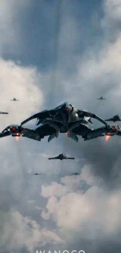 Futuristic aircraft soaring through clouds in a sci-fi scene.