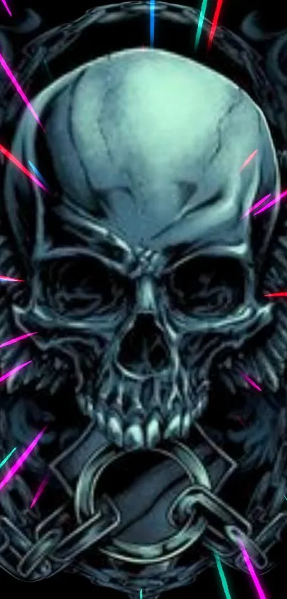 Mobile wallpaper with futuristic skull, chains, and neon lights.