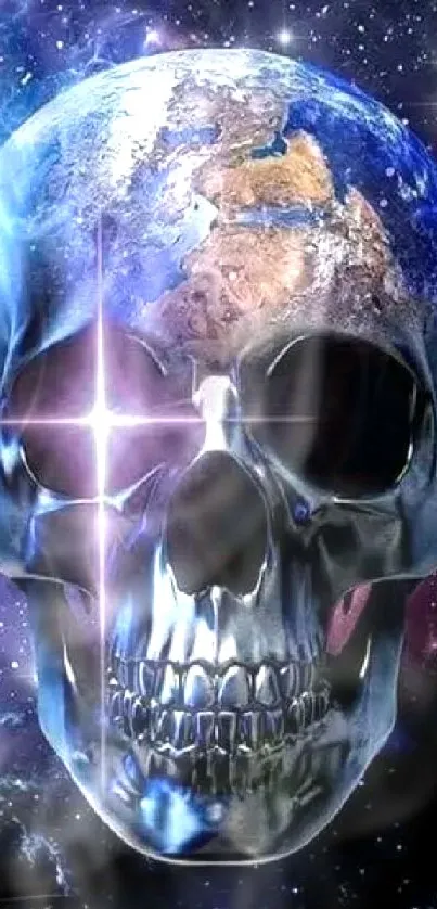 Futuristic skull with Earth in space, emitting cosmic vibes.