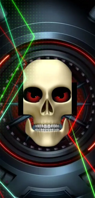 Futuristic skull and lasers on a dark background.