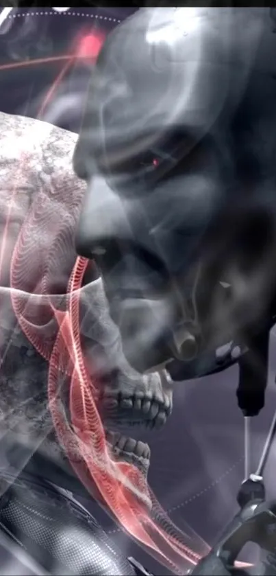 Futuristic robot and skull clash in sci-fi wallpaper with gray and red tones.