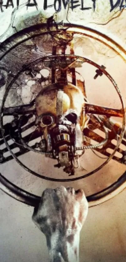 Futuristic skull art with hand on steering wheel, edgy design for mobile wallpaper.