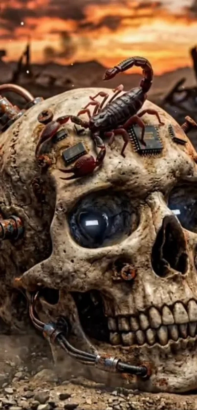 Futuristic skull with cyber elements and sunset.