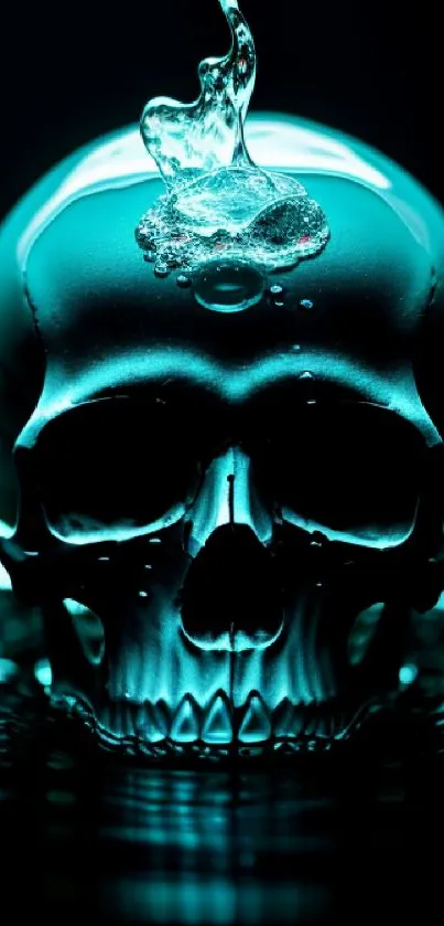 Futuristic skull with cyan glow and liquid effect on black background.