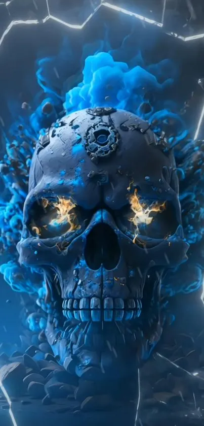 Futuristic skull with blue flames and cracked effects.