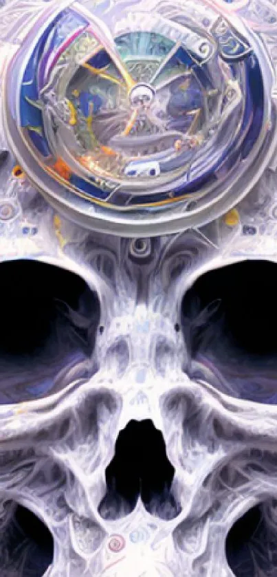 Intricate futuristic skull digital art wallpaper for mobile.