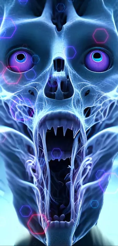 Futuristic skull design with glowing neon elements in electric blue.