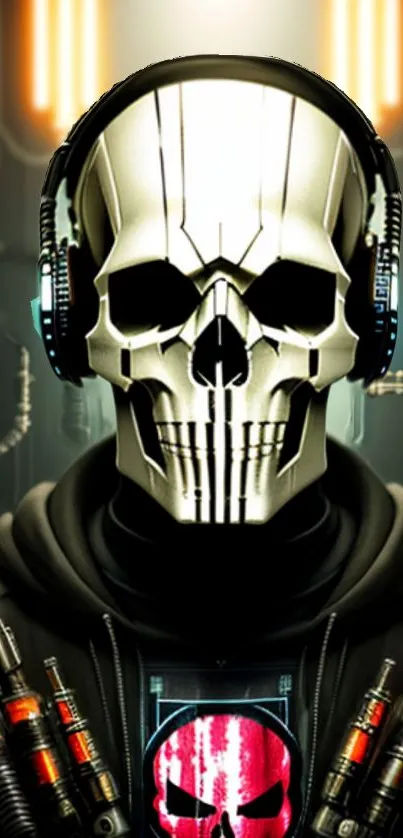 Futuristic skull with headphones in high-tech design.