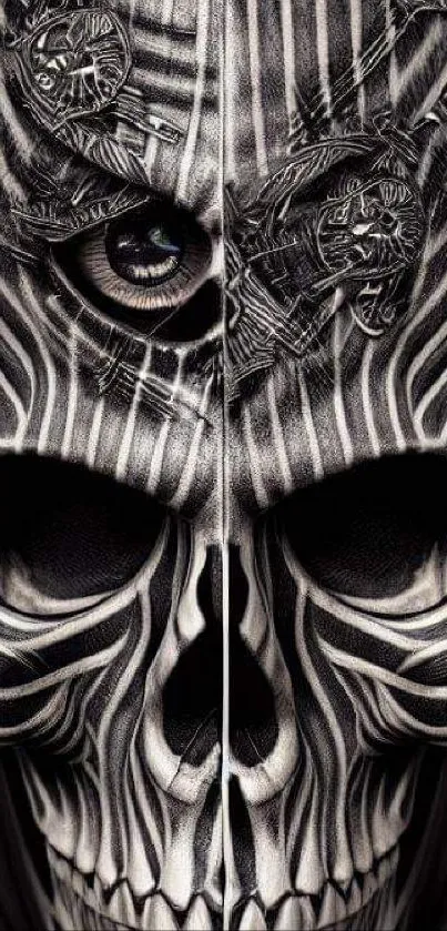 Futuristic skull art in black and white with intricate patterns.