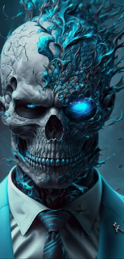 Neon blue futuristic skull wallpaper for mobile.