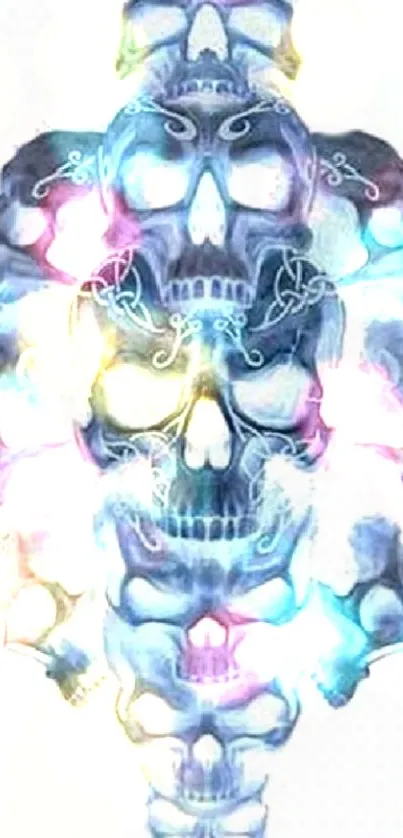 Futuristic skull design in blue on a sleek mobile wallpaper.