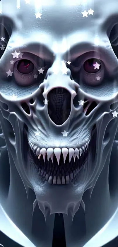 Futuristic skull wallpaper with glowing eyes and stars.