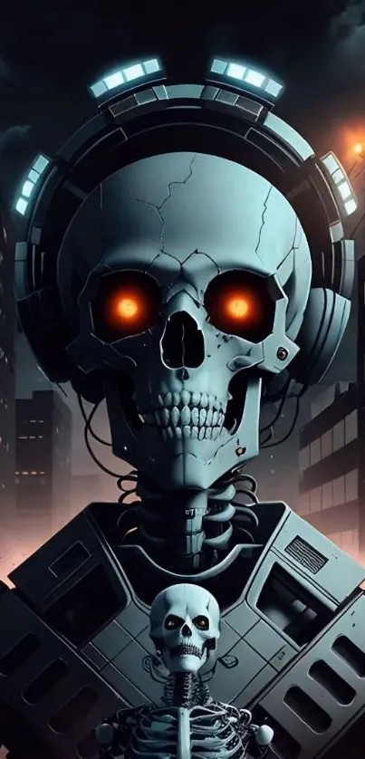 Futuristic skull with neon eyes and headphones in a nighttime city setting.