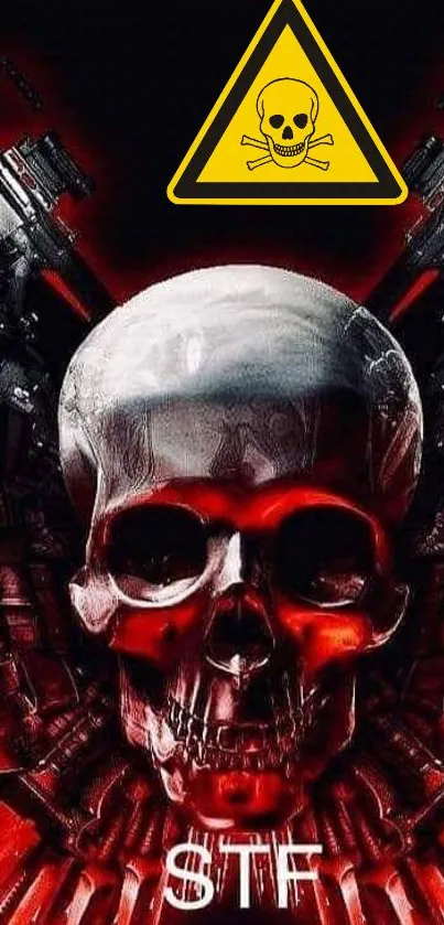 Futuristic skull design on a red background with digital elements.