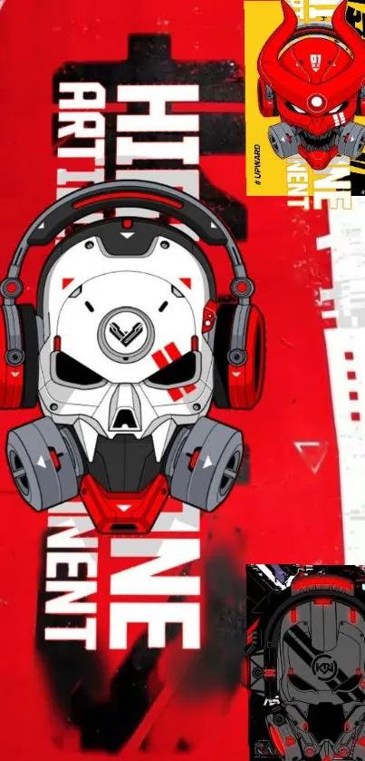 Futuristic skull art with headphones and red accents.